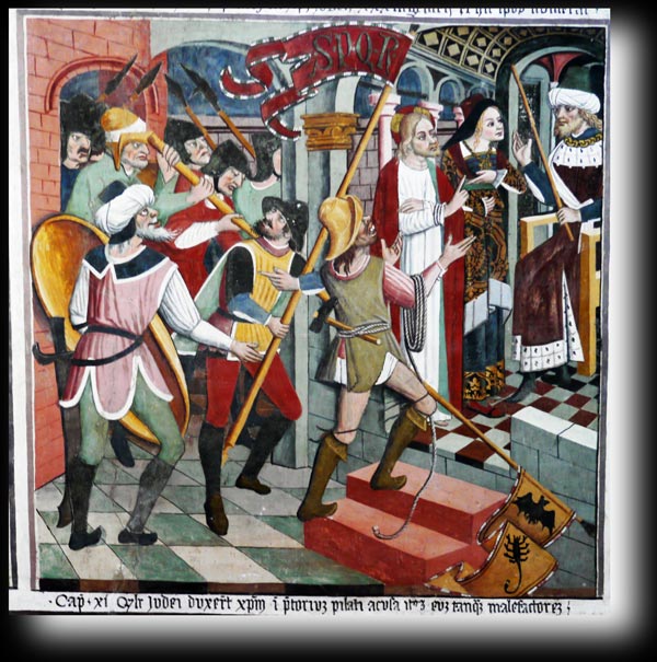 QVALITER JVDEI DVXERVNT CHRISTVM IN PRETORVIM PILATI ACCVSANTES EVM TANQVAM MALEFACTOREM