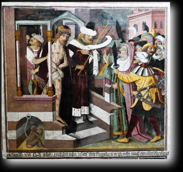 QVALITER PILATVS TRADIDIT CHRISTVM JVDEIS ITERVM FLAGELLATVM ET IPSI MVLMAGIS CLAMANTES : CRUCIFICA